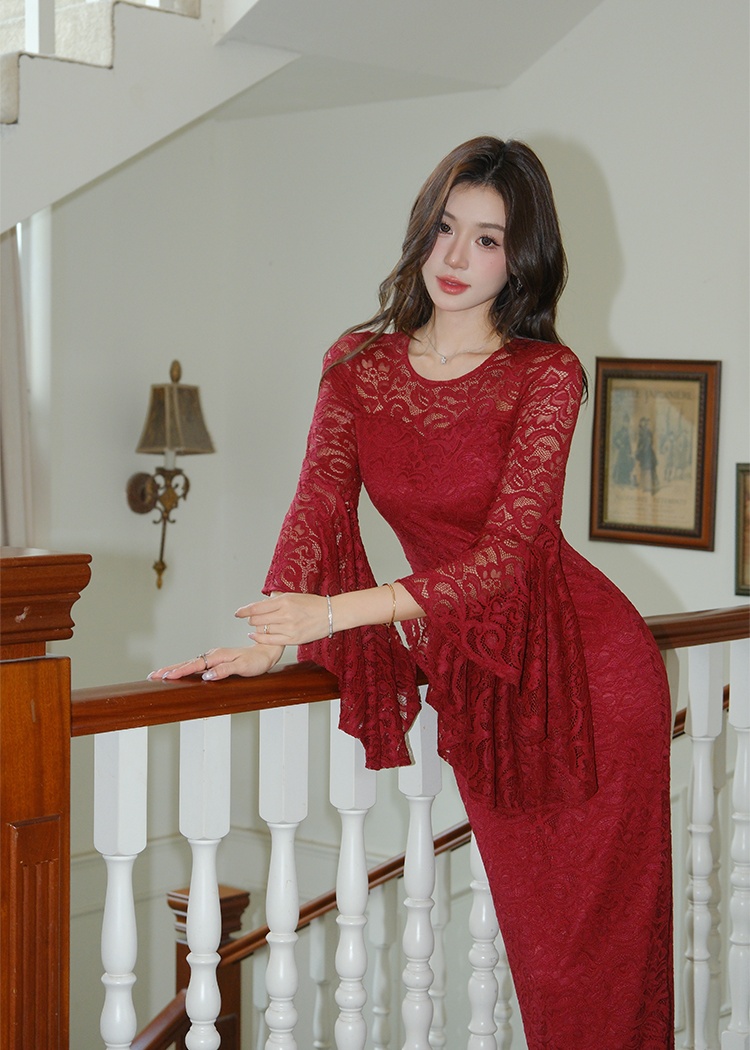 Round neck sexy package hip trumpet sleeves dress