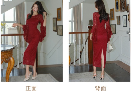 Round neck sexy package hip trumpet sleeves dress