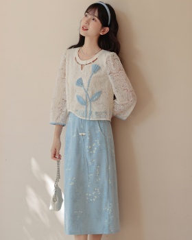 Fresh art spring skirt elegant sweet tops 2pcs set