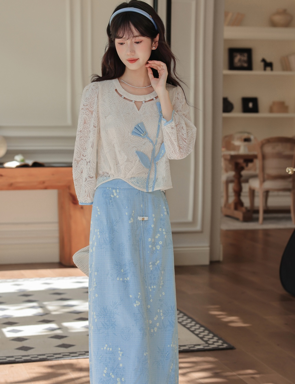 Fresh art spring skirt elegant sweet tops 2pcs set