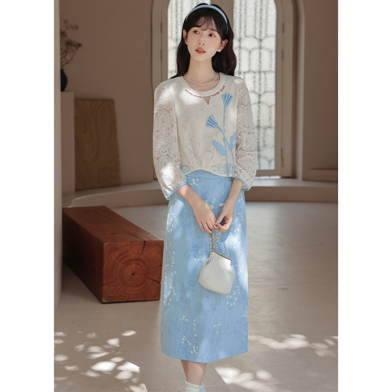 Fresh art spring skirt elegant sweet tops 2pcs set