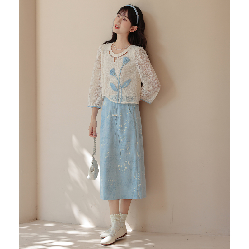 Fresh art spring skirt elegant sweet tops 2pcs set