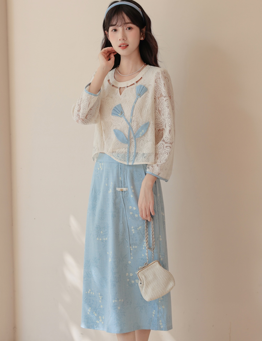 Fresh art spring skirt elegant sweet tops 2pcs set