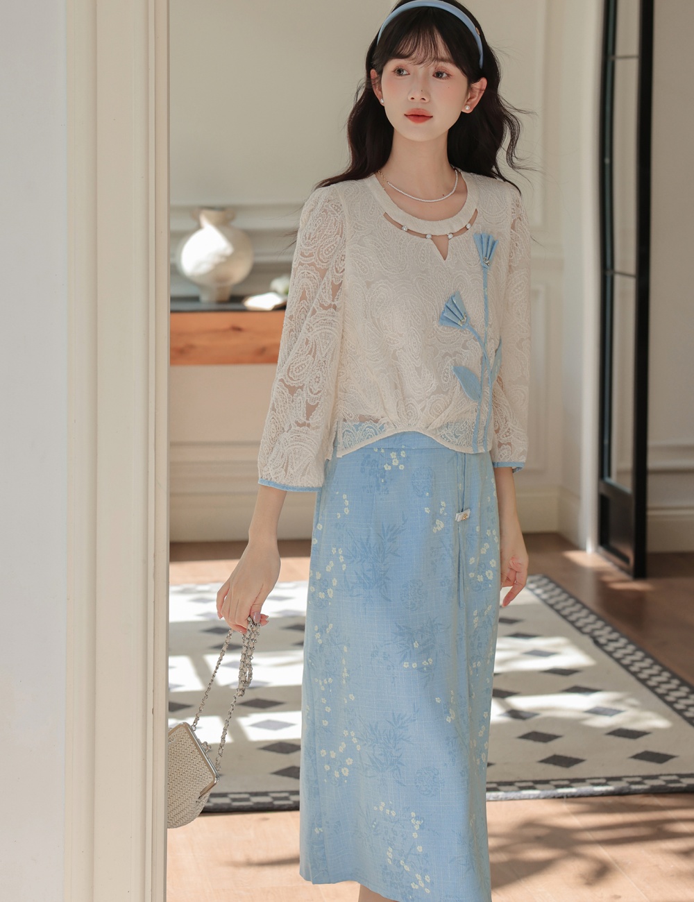 Fresh art spring skirt elegant sweet tops 2pcs set