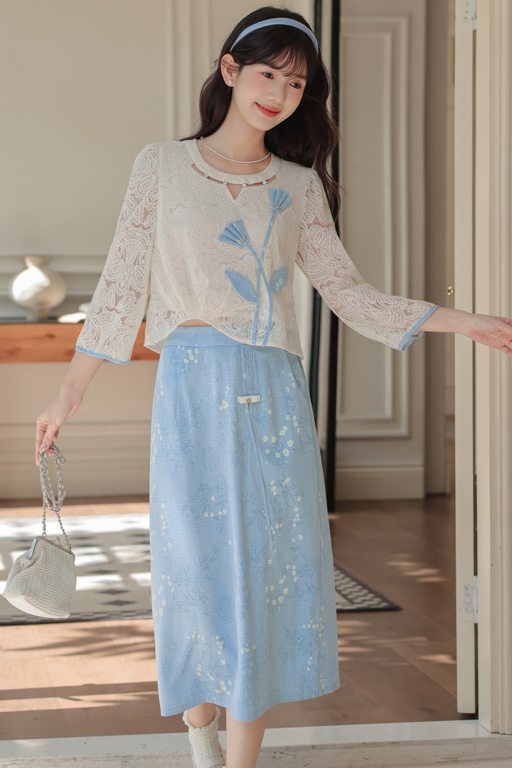 Fresh art spring skirt elegant sweet tops 2pcs set