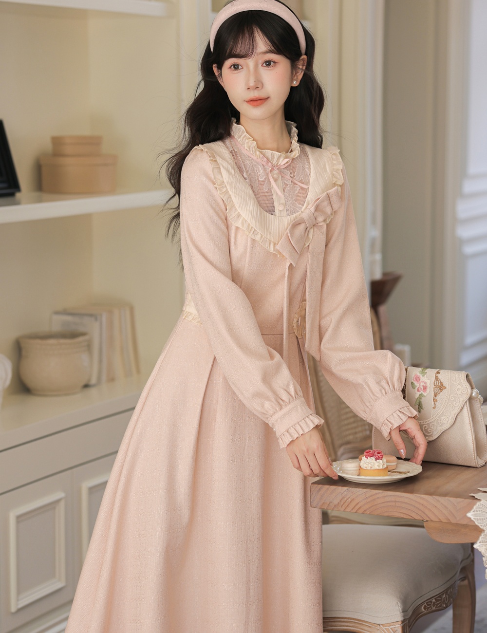 Pinched waist tender show young dress bow pink long dress