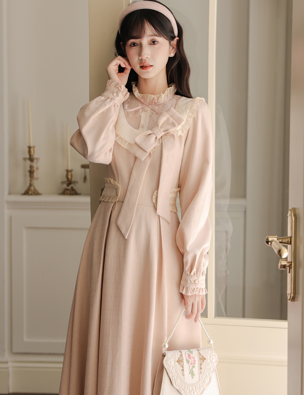 Pinched waist tender show young dress bow pink long dress