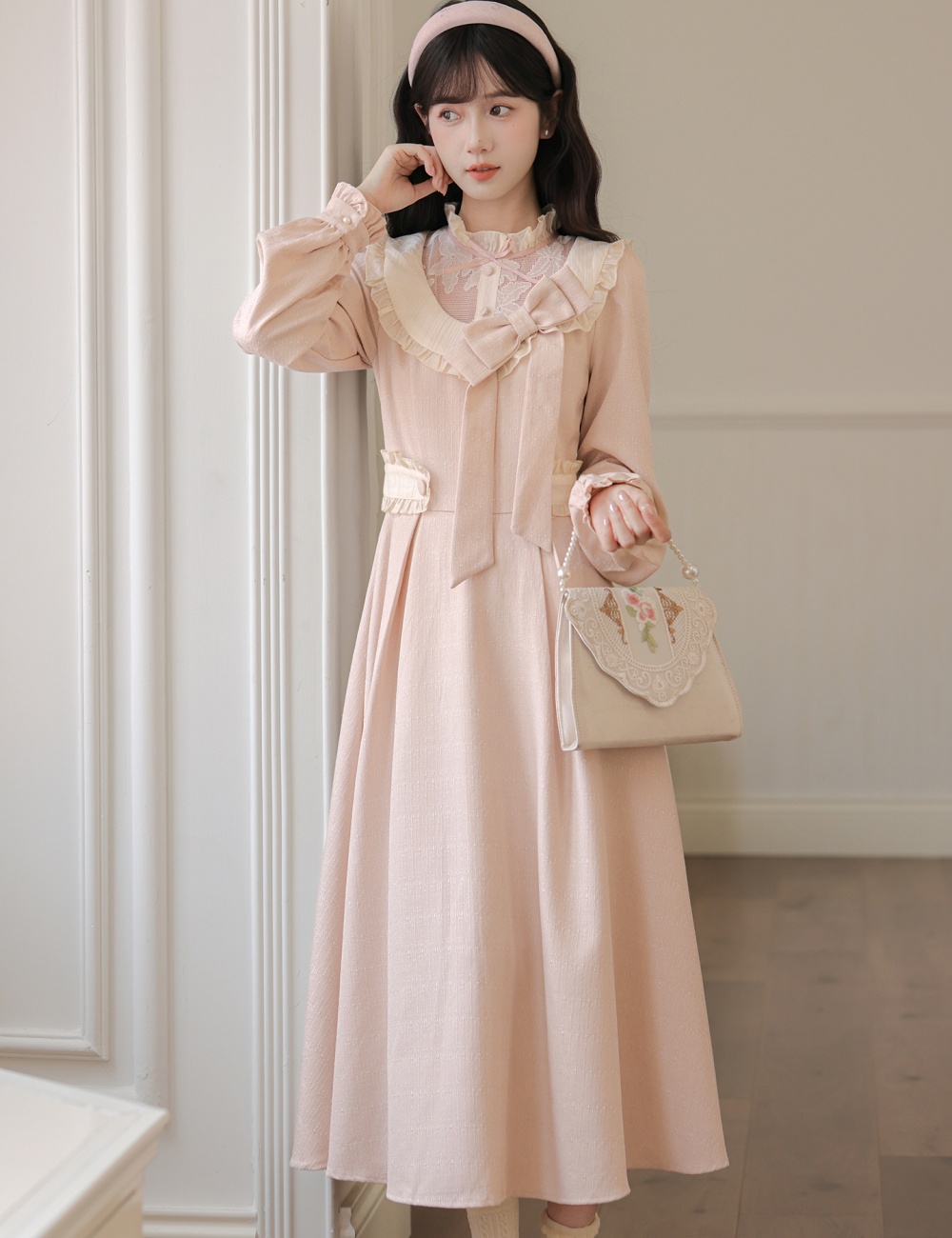 Pinched waist tender show young dress bow pink long dress