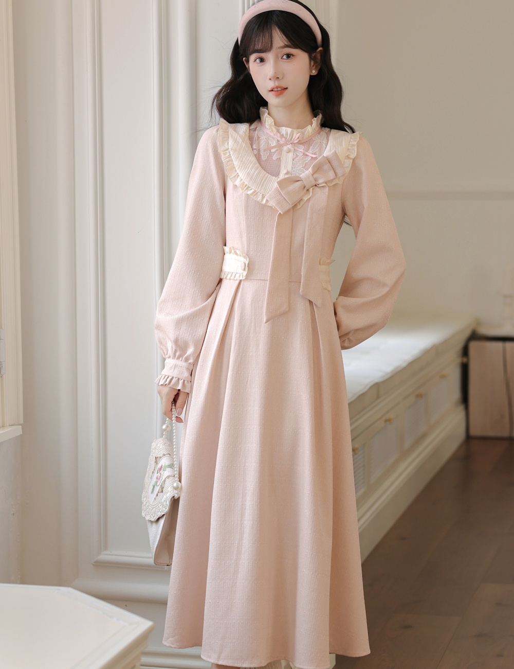 Pinched waist tender show young dress bow pink long dress