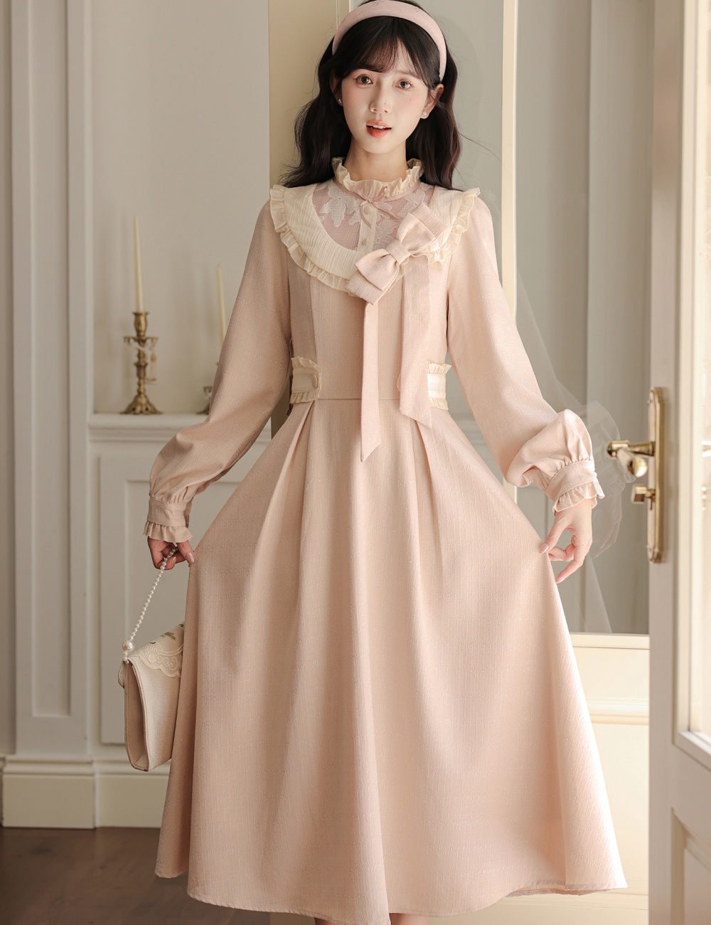 Pinched waist tender show young dress bow pink long dress