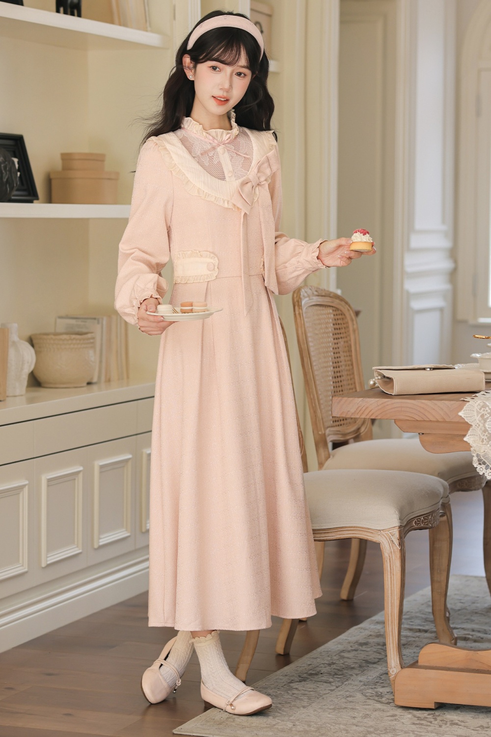 Pinched waist tender show young dress bow pink long dress