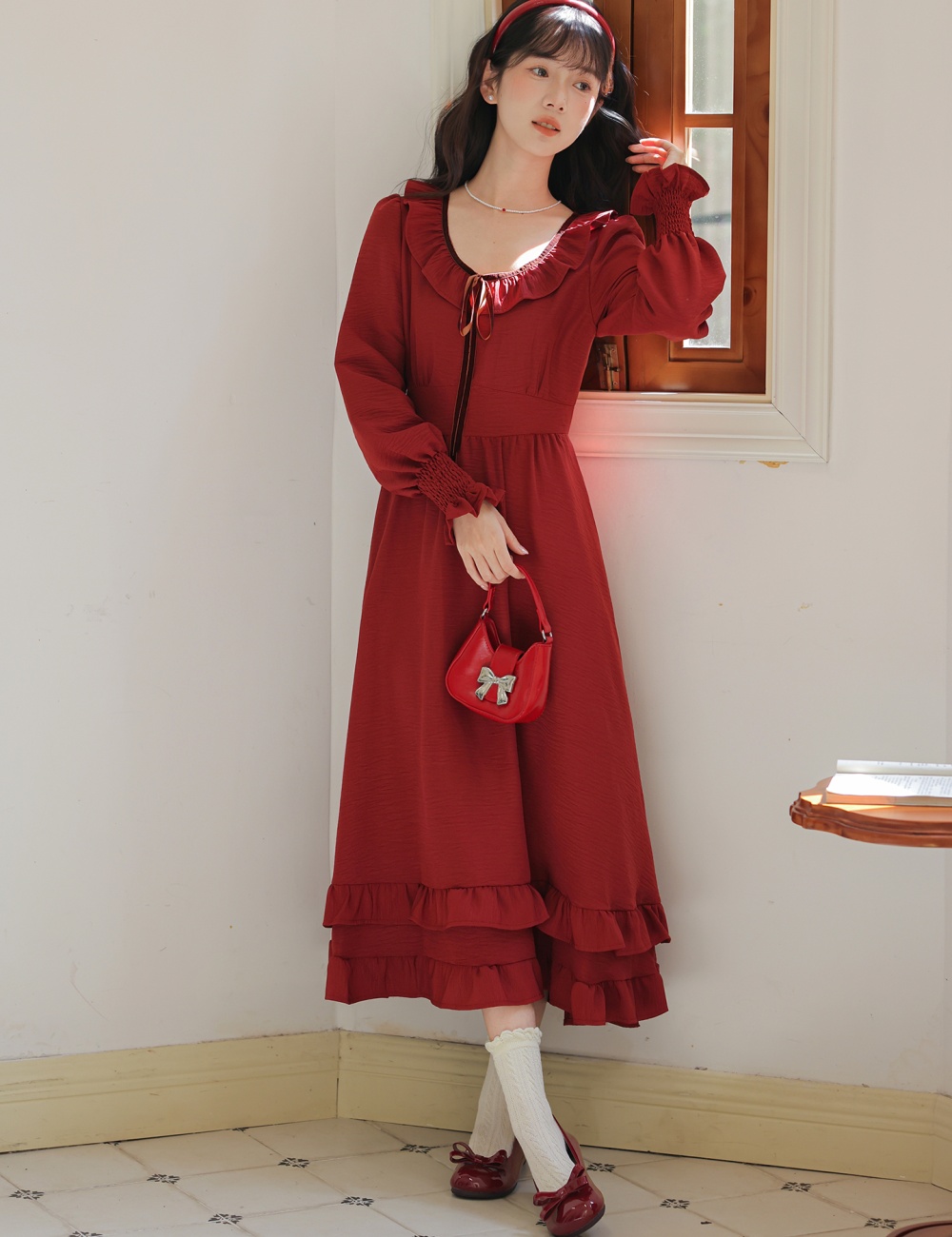 Retro France style pinched waist corset rose big skirt dress