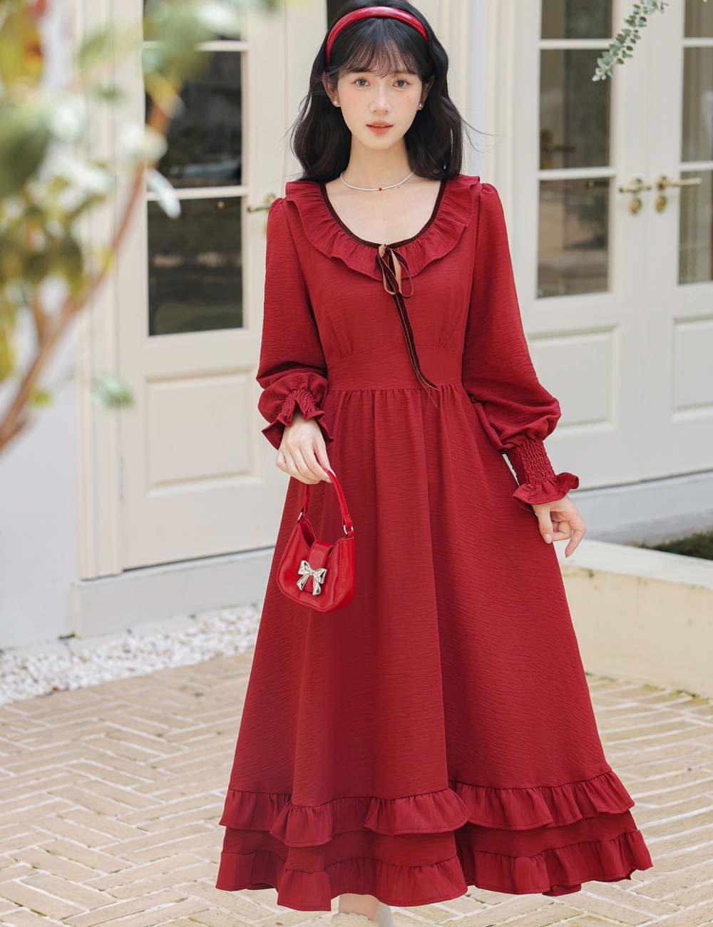 Retro France style pinched waist corset rose big skirt dress