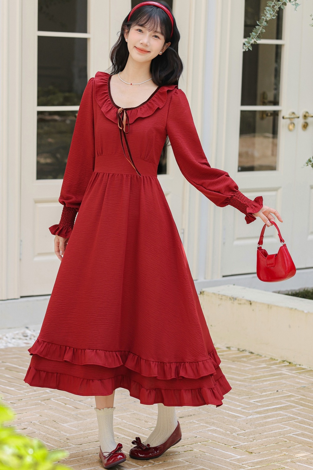 Retro France style pinched waist corset rose big skirt dress