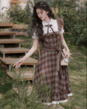Light Pseudo-two plaid dress art retro long dress