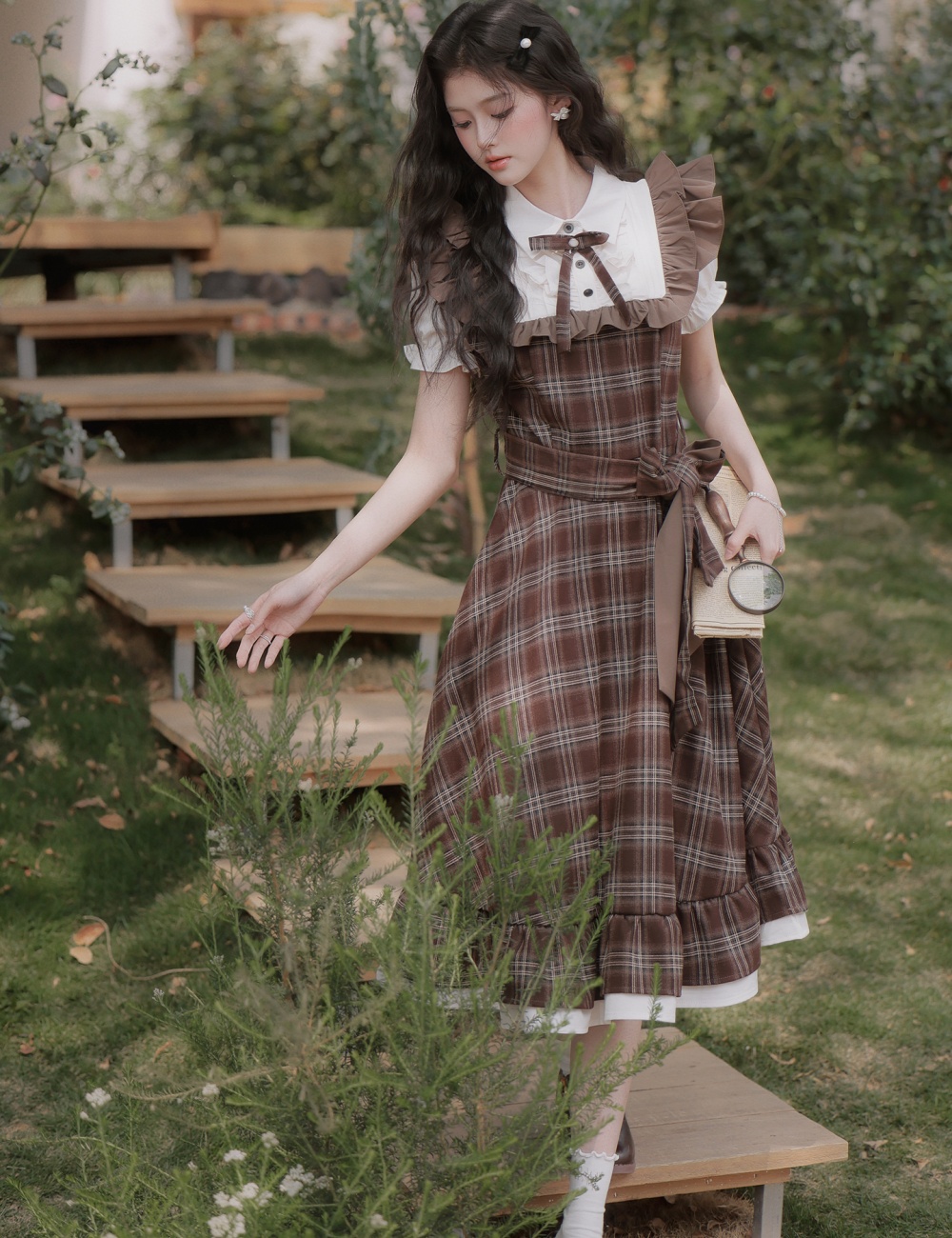 Light Pseudo-two plaid dress art retro long dress