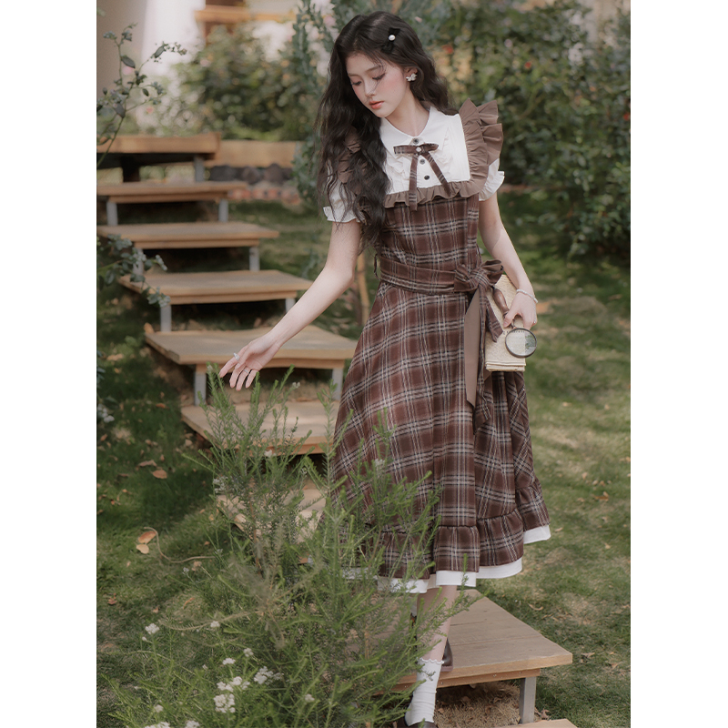Light Pseudo-two plaid dress art retro long dress