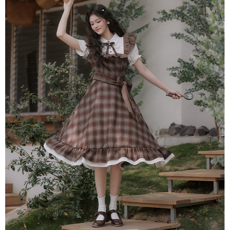 Light Pseudo-two plaid dress art retro long dress