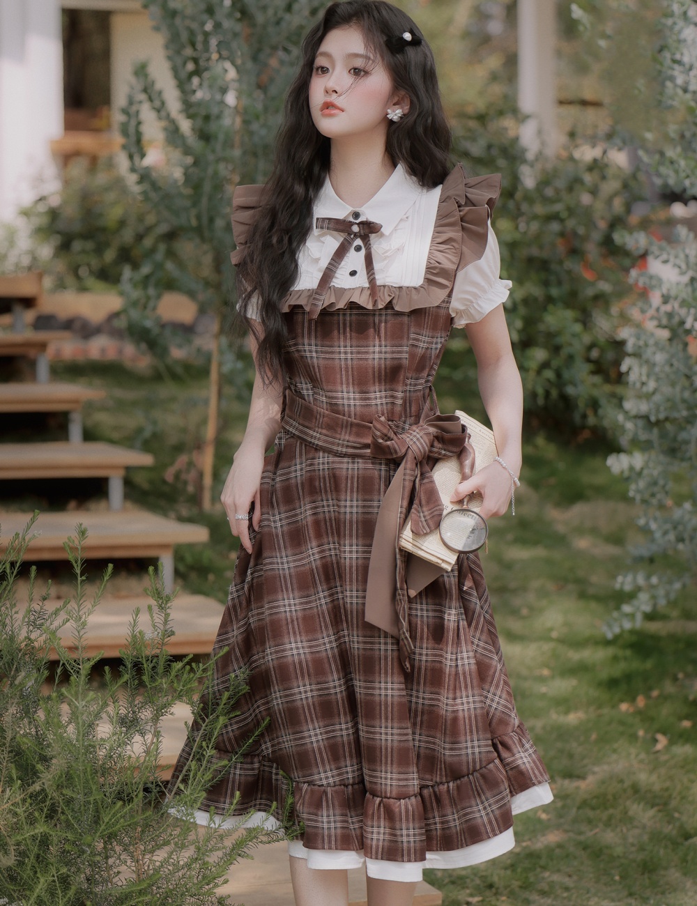 Light Pseudo-two plaid dress art retro long dress