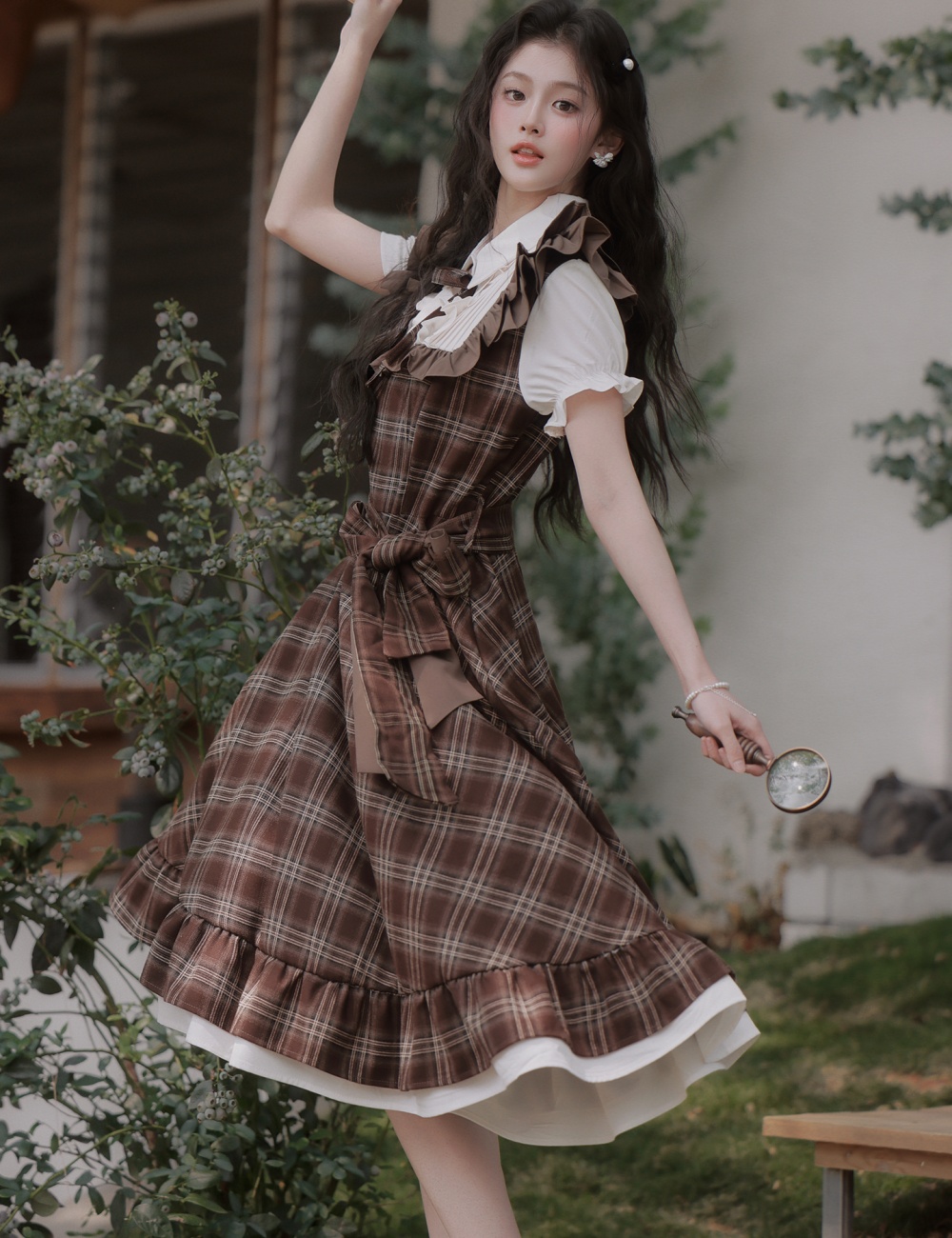 Light Pseudo-two plaid dress art retro long dress