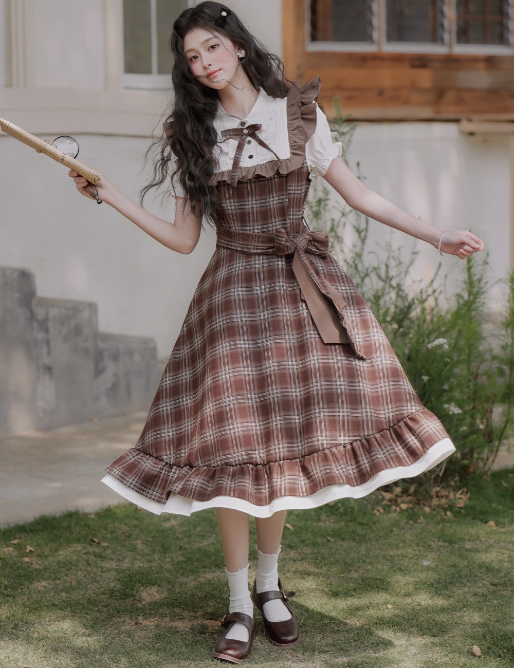 Light Pseudo-two plaid dress art retro long dress