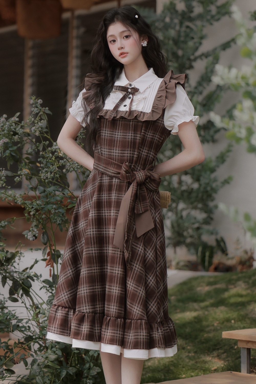 Light Pseudo-two plaid dress art retro long dress