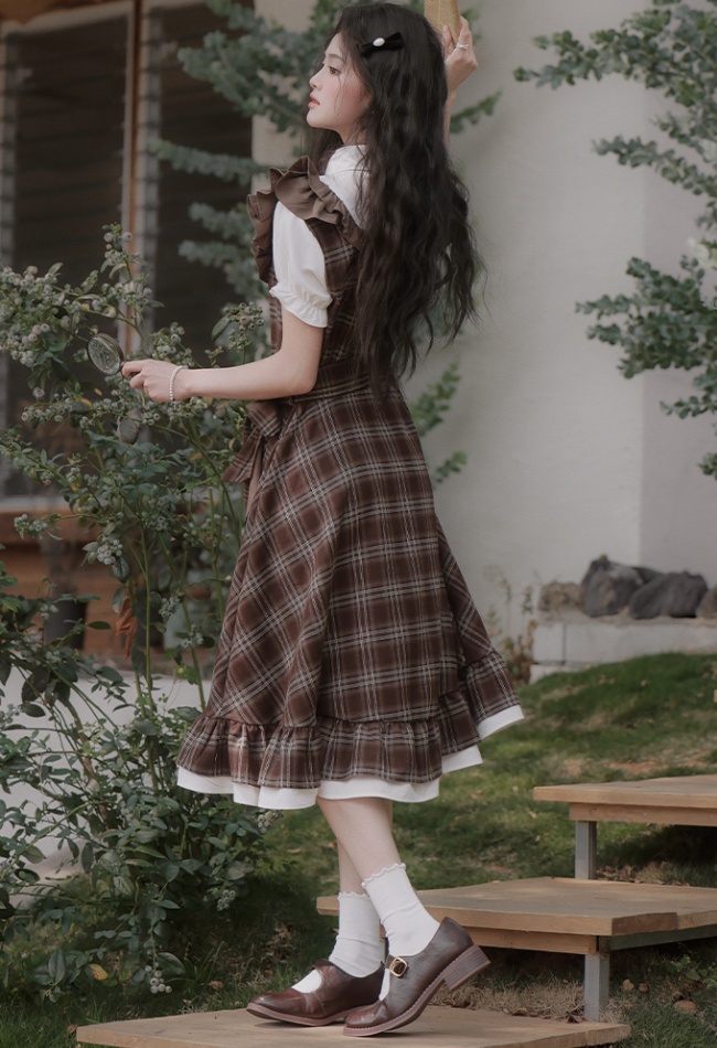 Light Pseudo-two plaid dress art retro long dress