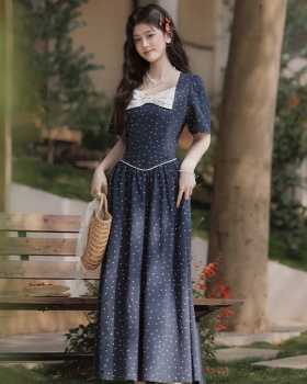 Slim pinched waist long dress polka dot dress