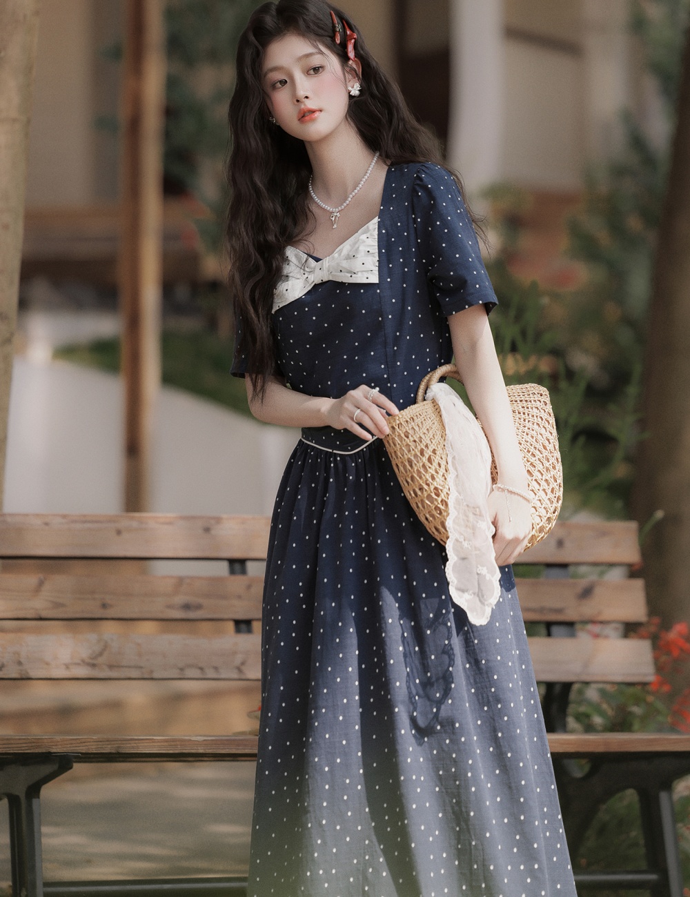 Slim pinched waist long dress polka dot dress
