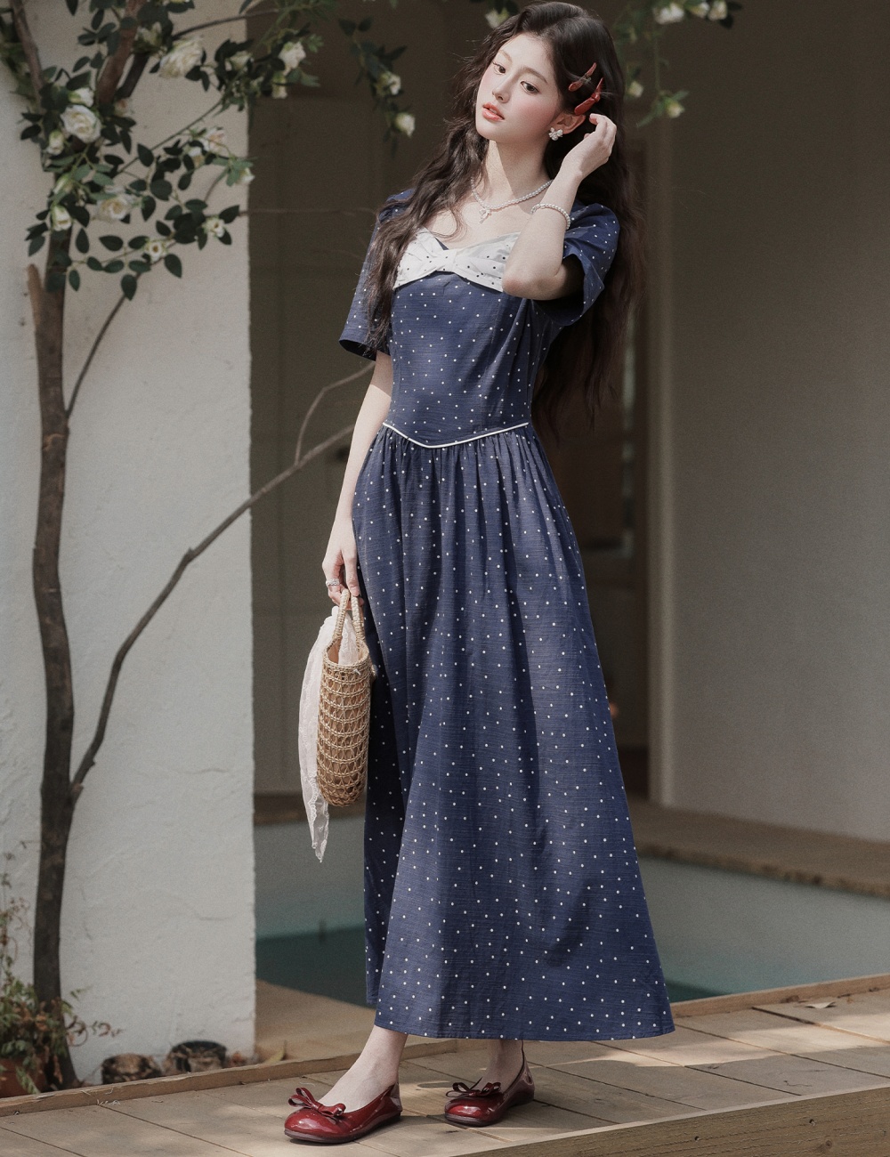 Slim pinched waist long dress polka dot dress