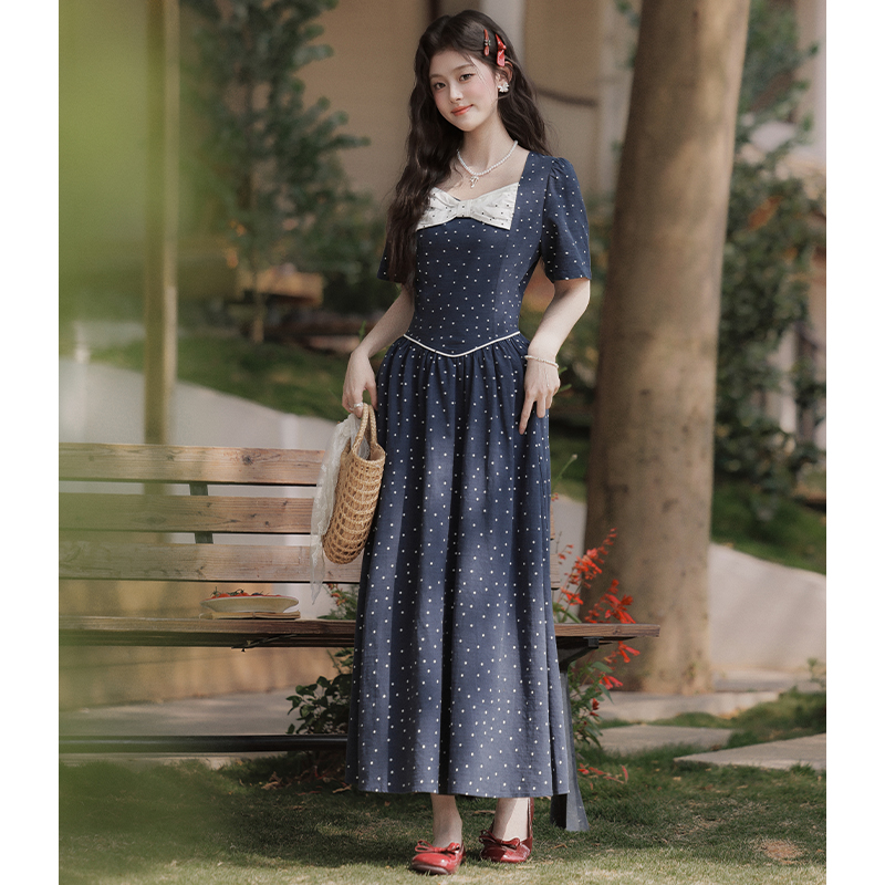 Slim pinched waist long dress polka dot dress