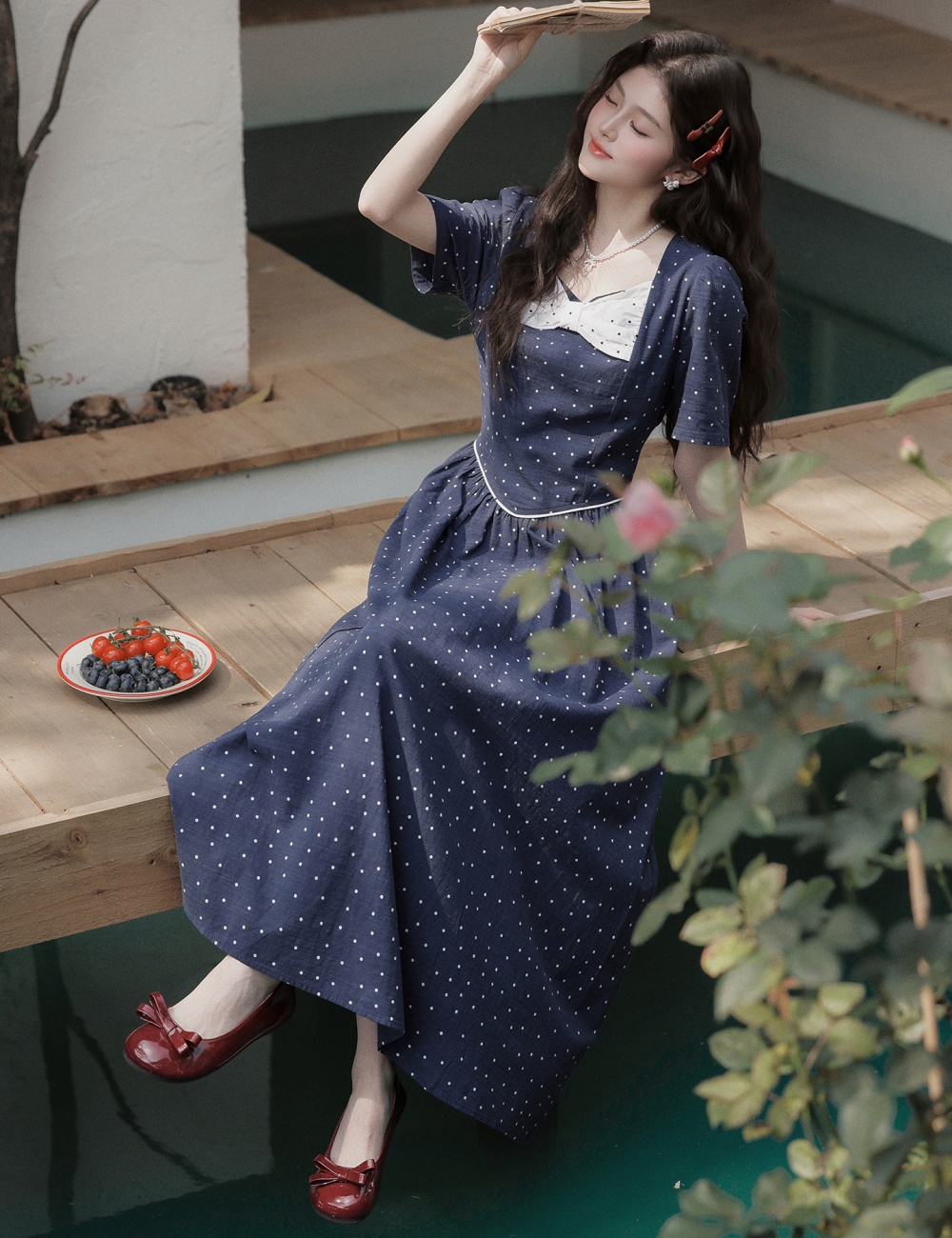 Slim pinched waist long dress polka dot dress