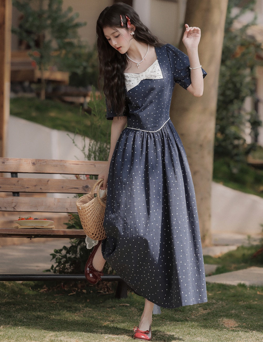 Slim pinched waist long dress polka dot dress