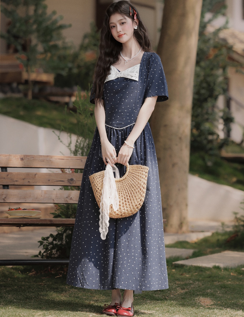 Slim pinched waist long dress polka dot dress