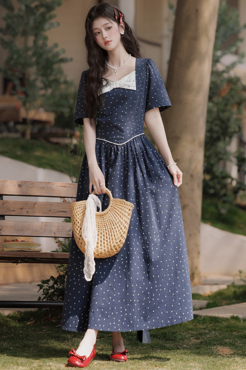 Slim pinched waist long dress polka dot dress