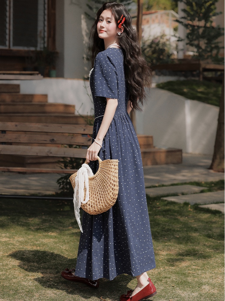 Slim pinched waist long dress polka dot dress