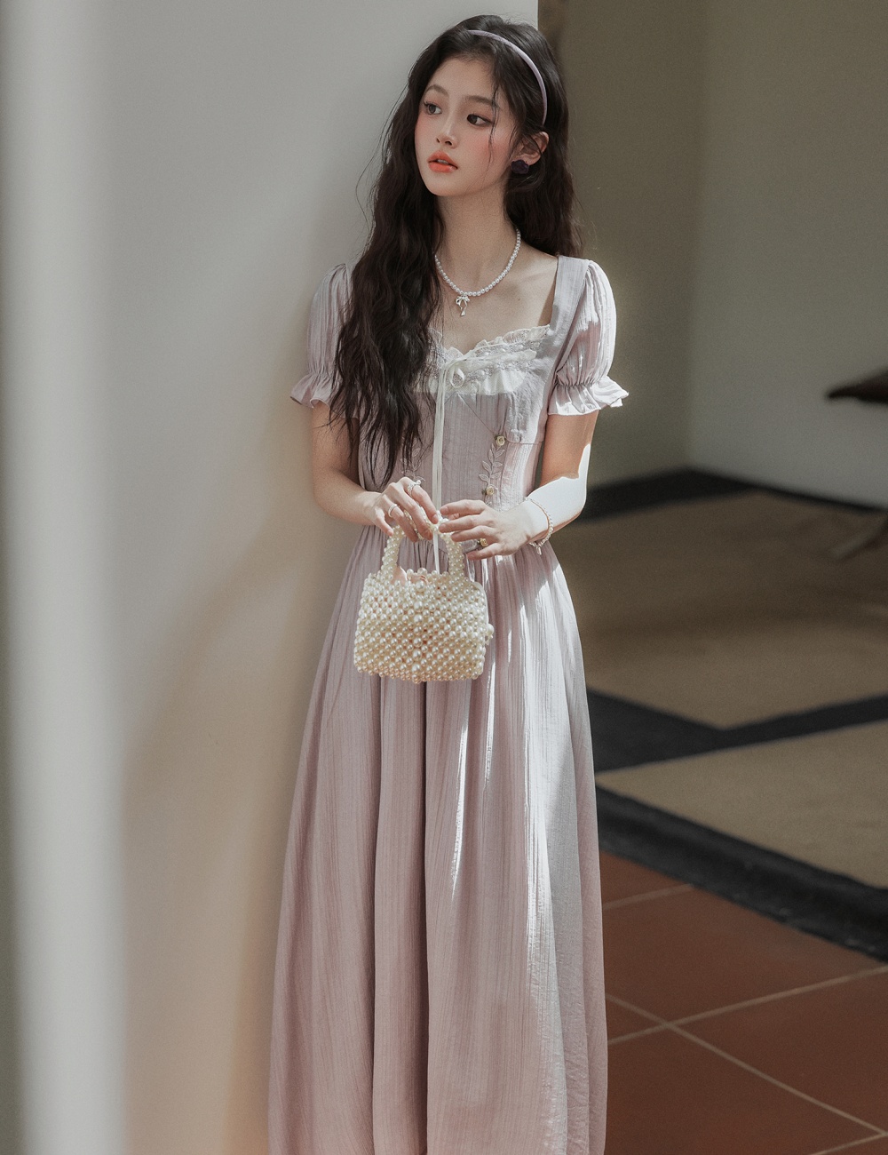 High waist sweet A-line dress temperament tender long dress