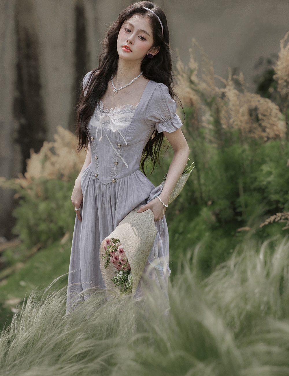 High waist sweet A-line dress temperament tender long dress
