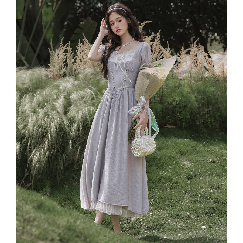 High waist sweet A-line dress temperament tender long dress