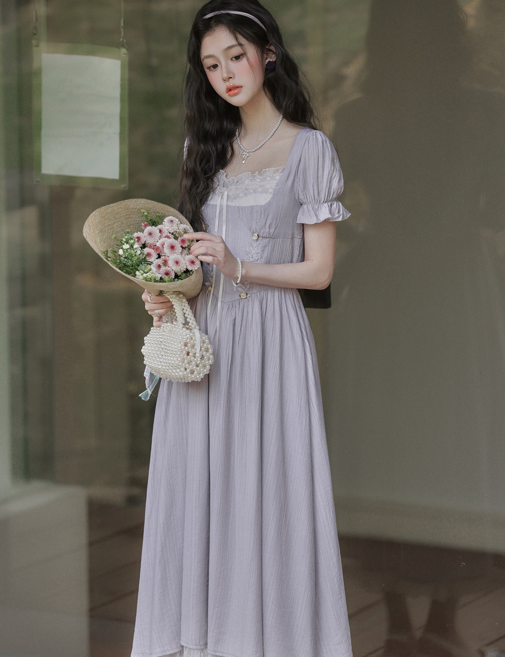 High waist sweet A-line dress temperament tender long dress