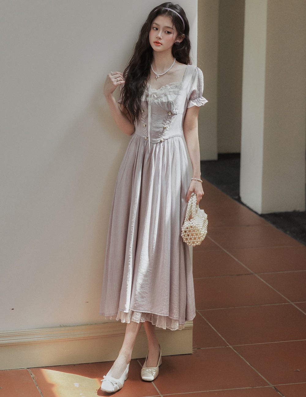 High waist sweet A-line dress temperament tender long dress