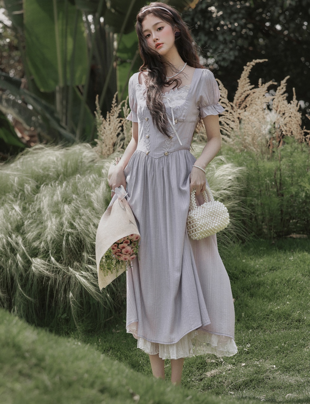 High waist sweet A-line dress temperament tender long dress
