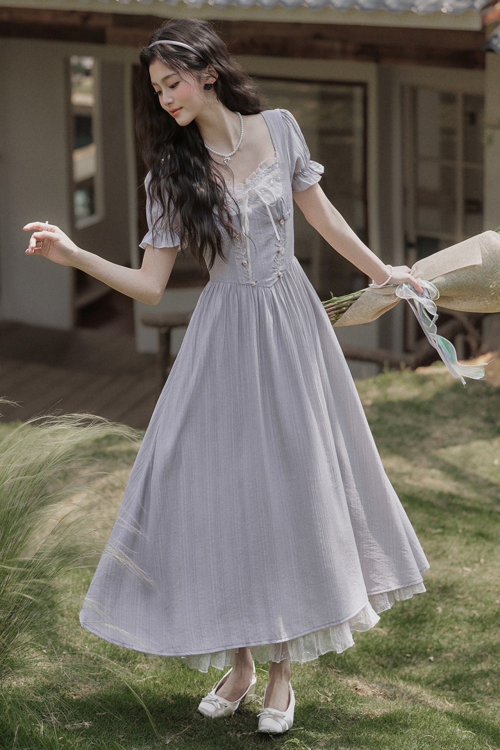High waist sweet A-line dress temperament tender long dress