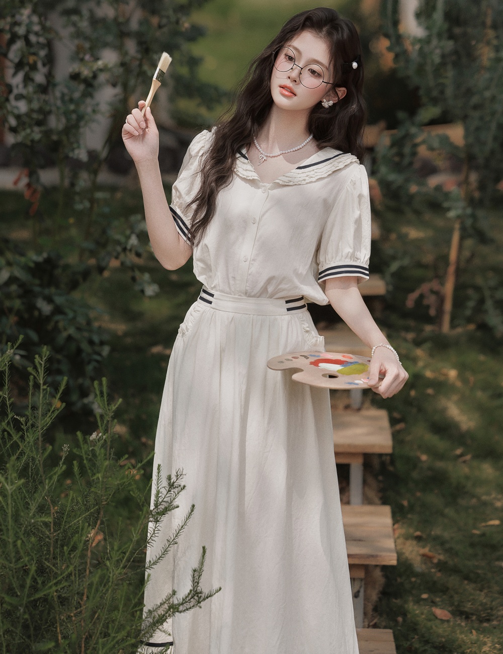 France style skirt navy collar shirt a set for women