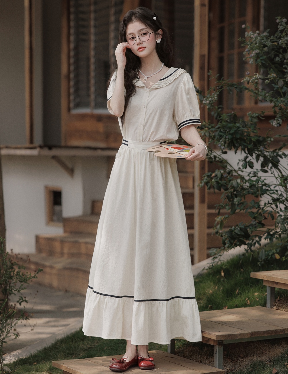 France style skirt navy collar shirt a set for women