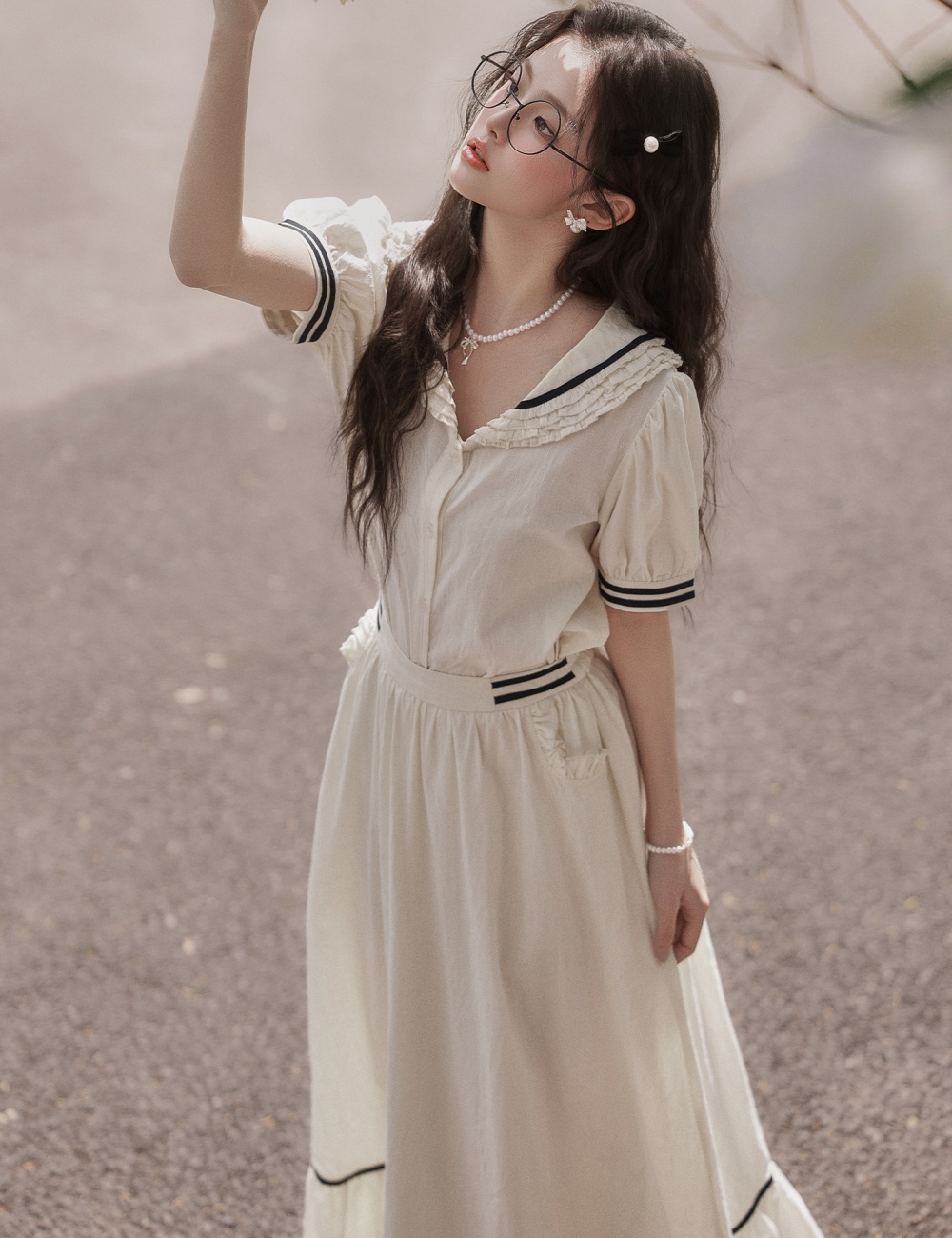 France style skirt navy collar shirt a set for women