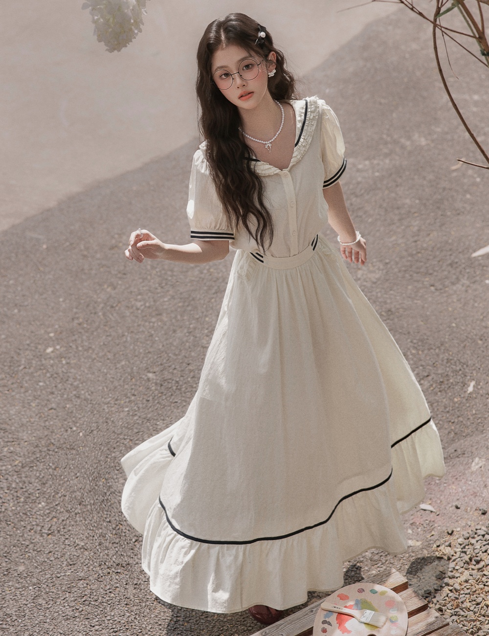 France style skirt navy collar shirt a set for women