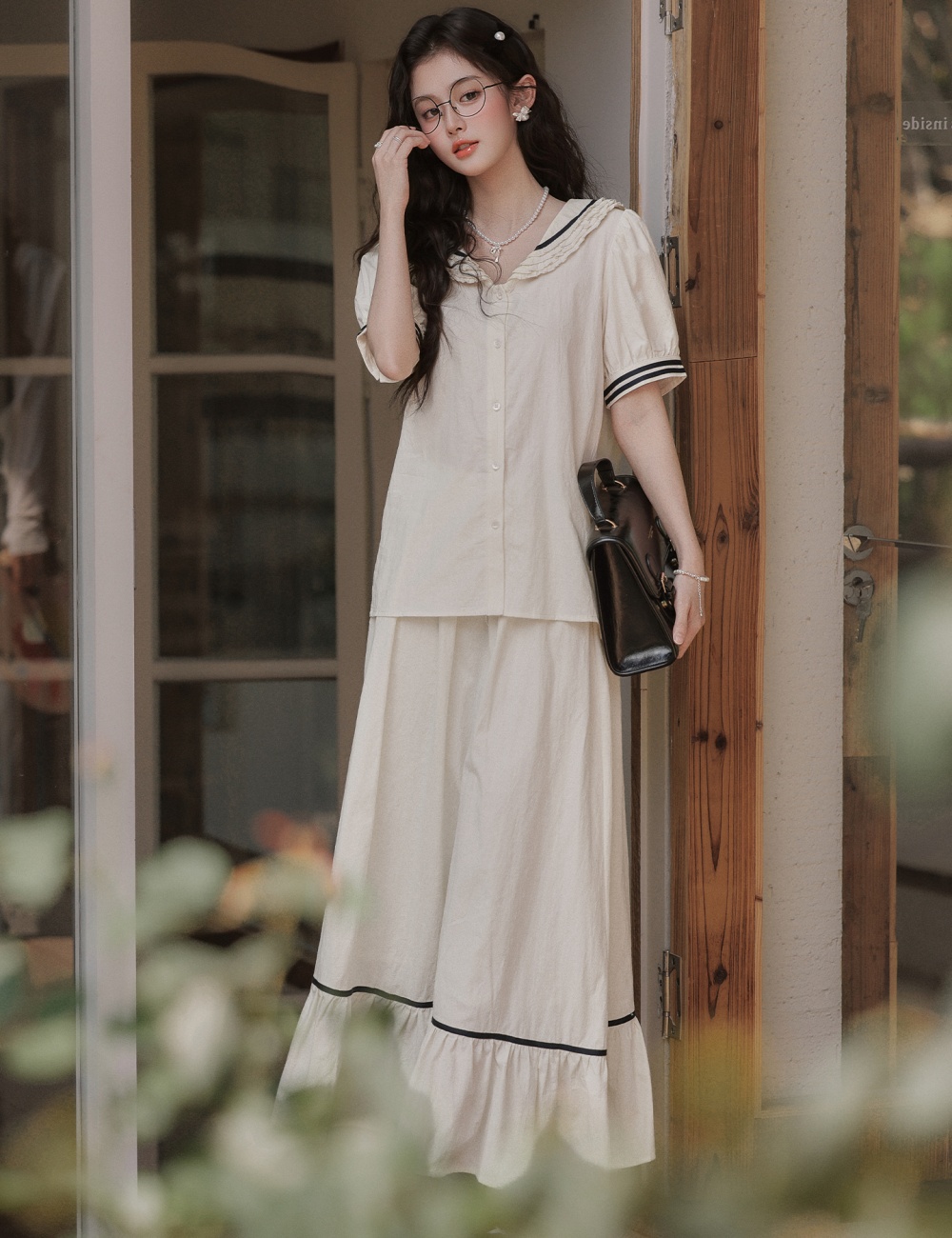 France style skirt navy collar shirt a set for women