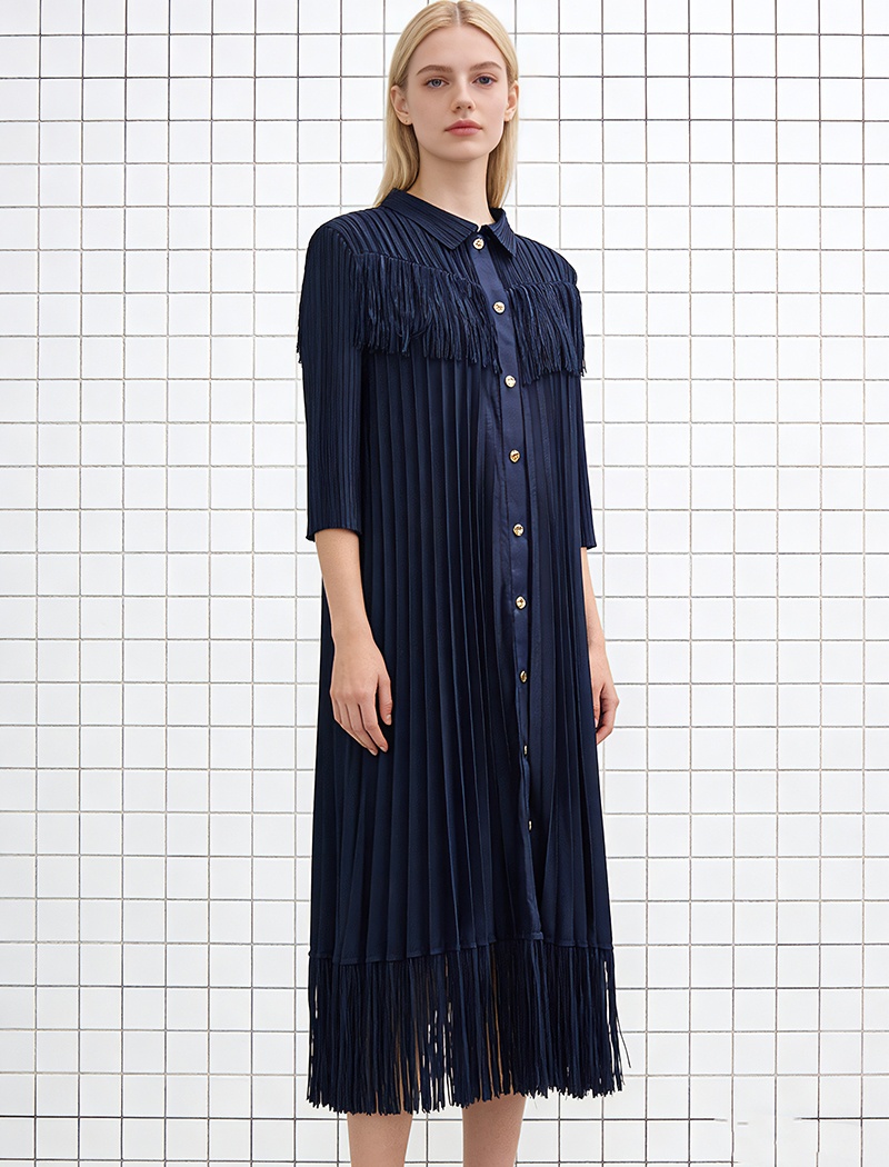 Fold small lapel tassels cardigan loose splice dress