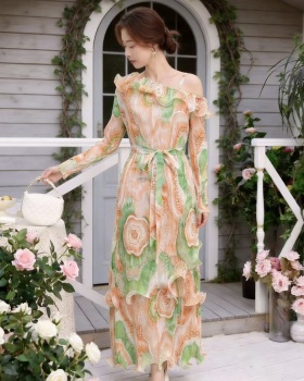 Pinched waist slim printing fold wood ear long sleeve dress